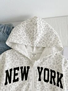 SHEIN 青少年女孩豹紋字母圖案袋鼠口袋拉鍊連帽衛衣 - 彩色 - 查看 4