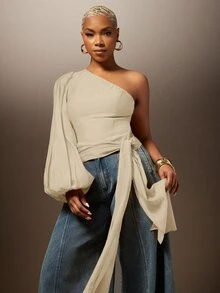 Vixey One Shoulder Lantern Sleeve Draped Side Blouse, Statement Top, Fall/Winter, Boho Chic - Beige - View 4