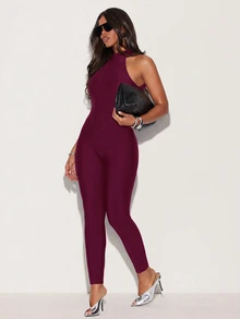 Hauture Enfärgad rygglös jumpsuit med halterneck - Bourgogne - Visa 6