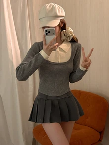 DAZY Suéter 2 en 1 con cuello en contraste para otoño - Gris - Ver 6