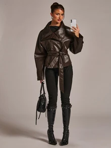 SHEIN BAE Collared Belted PU Leather Trench Coat - Chocolate Brown - View 4