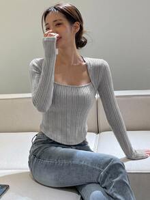 DAZY Square Neck Ribbed Knit Tee - Grey - View 4