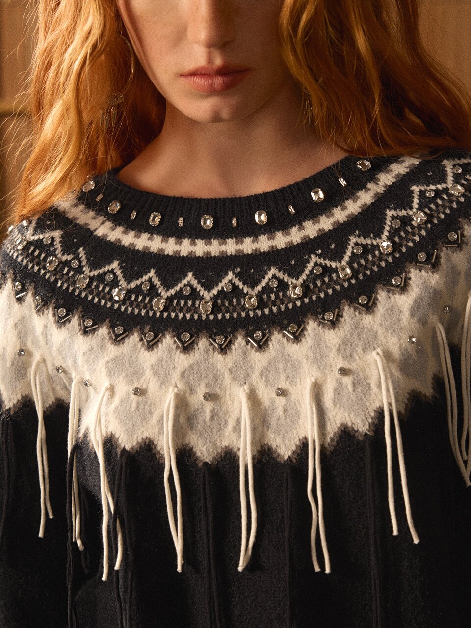 MOTF STUDIO FAIR ISLE PATTERN FRINGE TRIM RAGLAN SLEEVE SWEATER