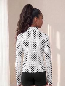 SHEIN Tween Girl Polka Dot Print Zip Up Sports Jacket - Black and White - View 5