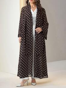 Al Najma Plus Polka Dot Print Open Front Abaya - Brown - View 5