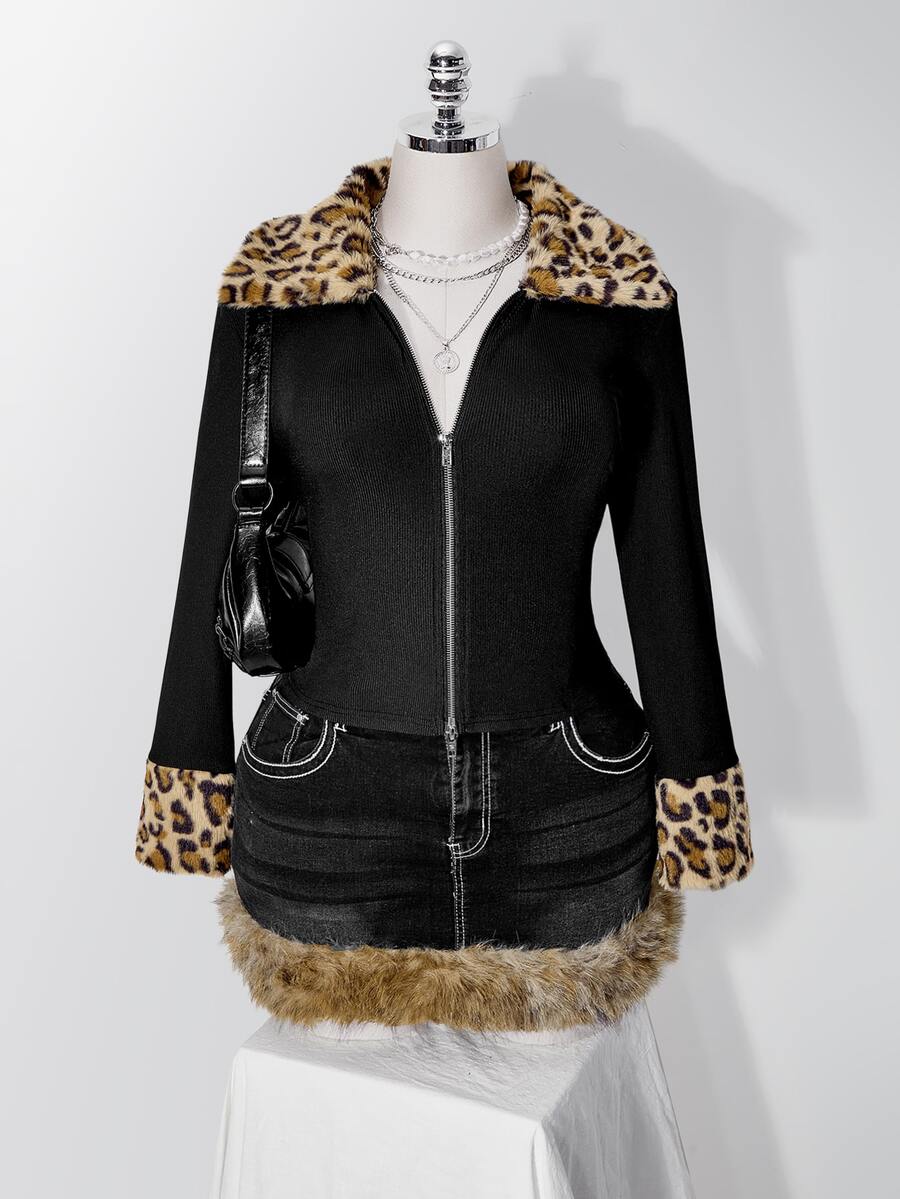 SHEIN ICON 大碼豹紋 Borg 領毛絨飾邊夾克外套 冬季 - 黑色 - 查看 1