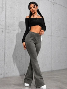 SHEIN ICON 1件高腰喇叭褲牛仔褲 - 黑色 - 查看 7