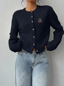 SHEIN BASICS 櫻桃刺繡前開扣開襟衫 - 彩色 - 查看 4