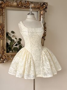 Lovelzi Floral Embroidery Lace Bridal Shower Bachelorette Wedding Dress All White Fall Elegant - White - View 6