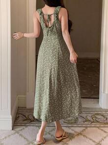 DAZY Ditsy Floral Ruffle Trim Drawstring Front Sleep Dress - Green - View 2