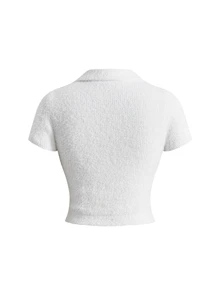 Sweetness Bow Embroidery Button Front Fluffy Knit Top - White - View 2