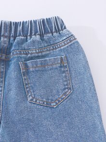 SHEIN 女童愛心與字母圖案彈性腰牛仔褲 - 淺色水洗藍 - 查看 5