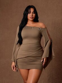 Rustia Plus Grommet Asymmetrical Neck Split Sleeve Top Bodycon Skirt Set Club Party Khaki Summer Sexy - Brown - View 2