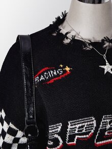SHEIN ICON Plus Checker & Letter Pattern Drop Shoulder Distressed Sweater - Multicolor - View 9