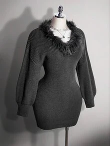 SHEIN ICON Plus Fuzzy Trim Lantern Sleeve Sweater Dress - Dark Grey - View 5