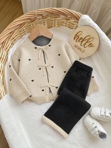 SHEIN Baby Girl Heart Pattern Cardigan & Knit Pants - Apricot - View 7