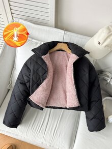 SHEIN 青少年女孩拉鍊式保暖內裡短版絎縫外套 - 黑色 - 查看 1