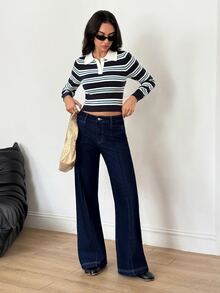 SHEIN High Waist Wide Leg Jeans Everyday School Navy Blue Summer Casual Simple Everyday School - Navy Blue - View 7