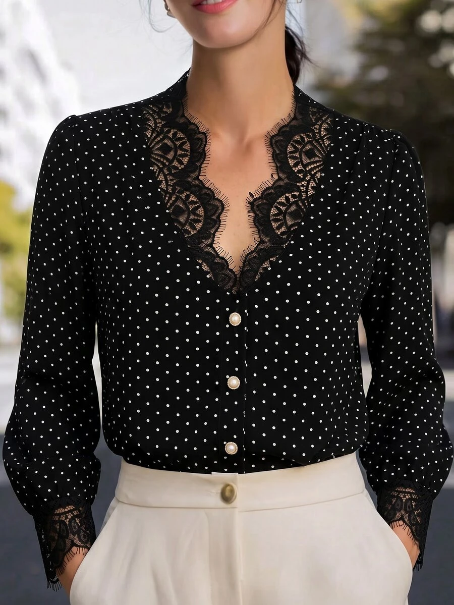 SHEIN Polka Dot Print Guipure Lace Trim Blouse - Black and White - View 1