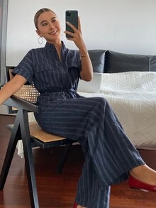 DAZY Blue Stripe Print Drawstring Waist Top Pants Lounge Sets For Women Travel Summer Casual - Rust Brown - View 5