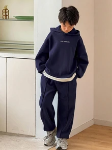SHEIN Tween Boys Autumn Hoodie & Kids Sweatshirt Co-Ords - Navy Blue - View 7