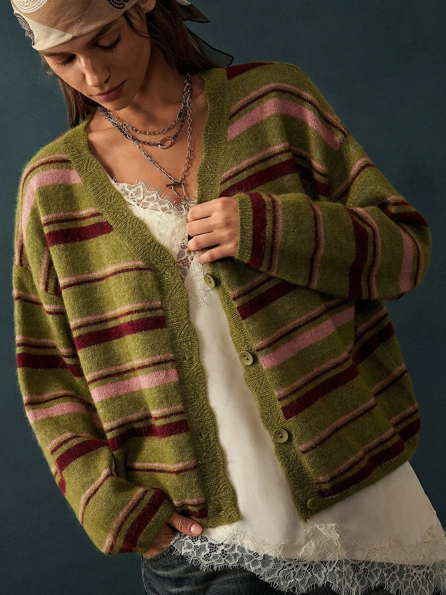 Bohemela Contrast Striped Pattern Drop Shoulder Oversize Cardigan - Green - View 1