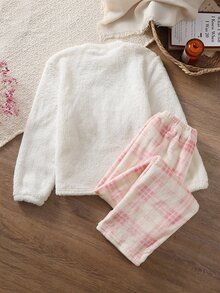 SHEIN Tween Girl Plaid Embroidery Heart Teddy Pullover Top & Pants PJ Set - Pink - View 2