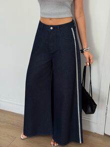 SHEIN Celana Jeans Kaki Lebar dengan Pita Kontras Pinggang Tinggi - Navy Blue - View 2