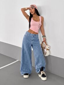 Jeanoix Plus Embroidery Cross Pattern Wide Leg Jeans - Blue - View 5