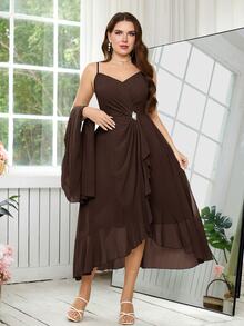 Reflora Vestido de tirantes con detalle de strass & Abrigo de frente abierto - Café integral - Ver 4