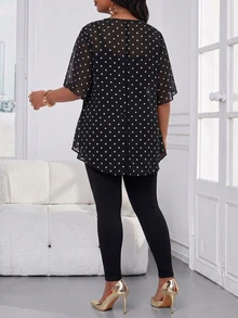 SHEIN Lady 大尺碼波點印花不對稱下擺上衣 - 黑色 - 查看 2