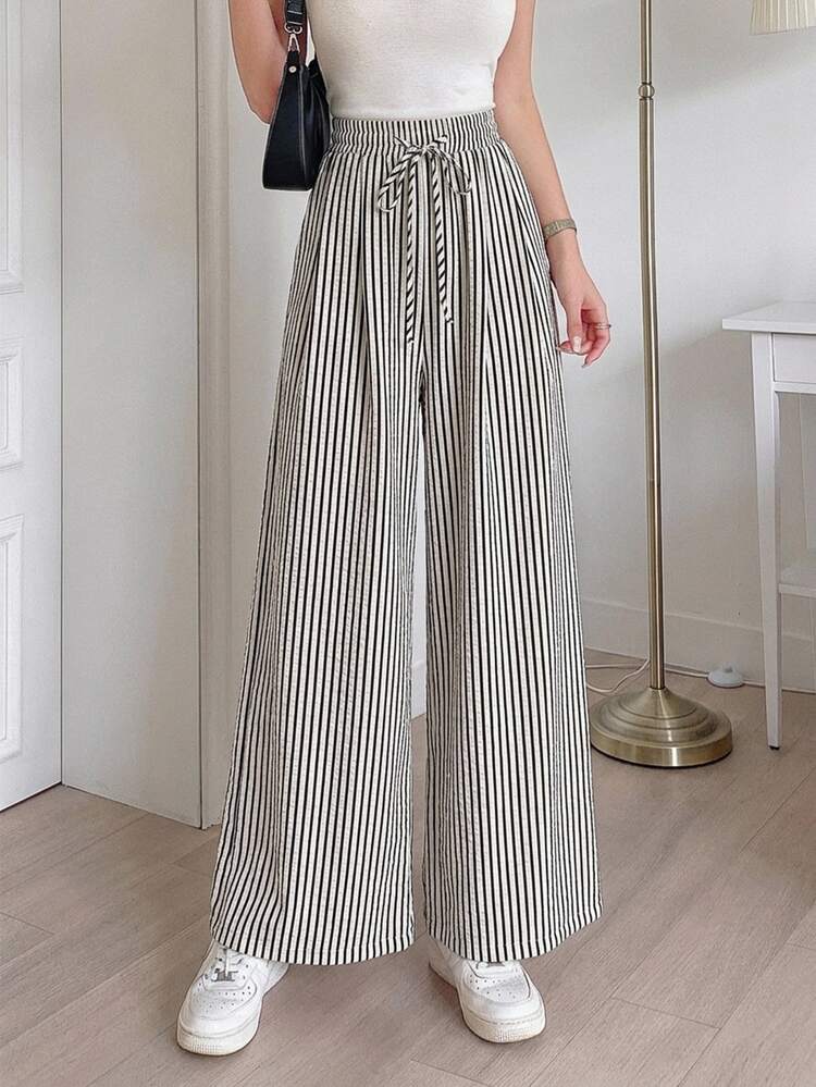 DAZY Striped Print Drawstring Waist Wide Leg Pants - Black and White - View 3
