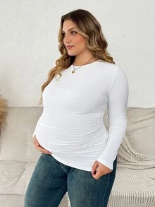 Plussiva Plus Size Maternity Solid Ruched Slim Fit Tee Dates Fashion Week Gender Reveal White Autumn Soft Form Basic Cute Chic Going Out Fall - White - View 4