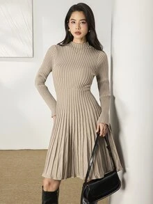 Heiryn Mock Neck Ribbed Knit Sweater Dress - Khaki - View 1