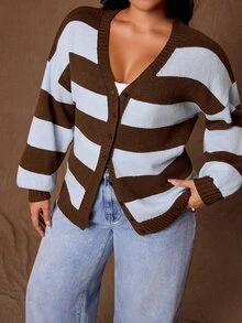 Rustia Plus Striped Pattern Drop Shoulder Cardigan Winter - Multicolor - View 6