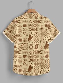 Azurnel Men Animal & Geo Patchwork Print Shirt - Khaki - View 4