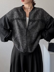 FRIFUL Gray Print Drop Shoulder Bomber Jacket Office Business Autumn Casual Elegant - Grey - View 1
