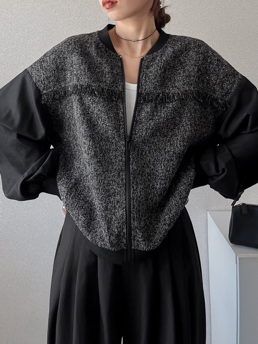 FRIFUL Gray Print Drop Shoulder Bomber Jacket Office Business Autumn Casual Elegant - Grey - View 1