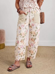 EMERY ROSE Quần jeans ống đứng size lớn họa tiết hoa, 2 túi - Màu be - Xem 1