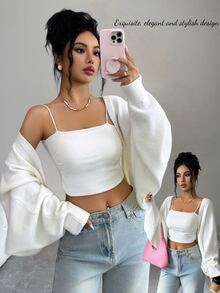 SHEIN Elenzya Kardigan Pendek Lengan Kelelawar Polos - Krem - View 1
