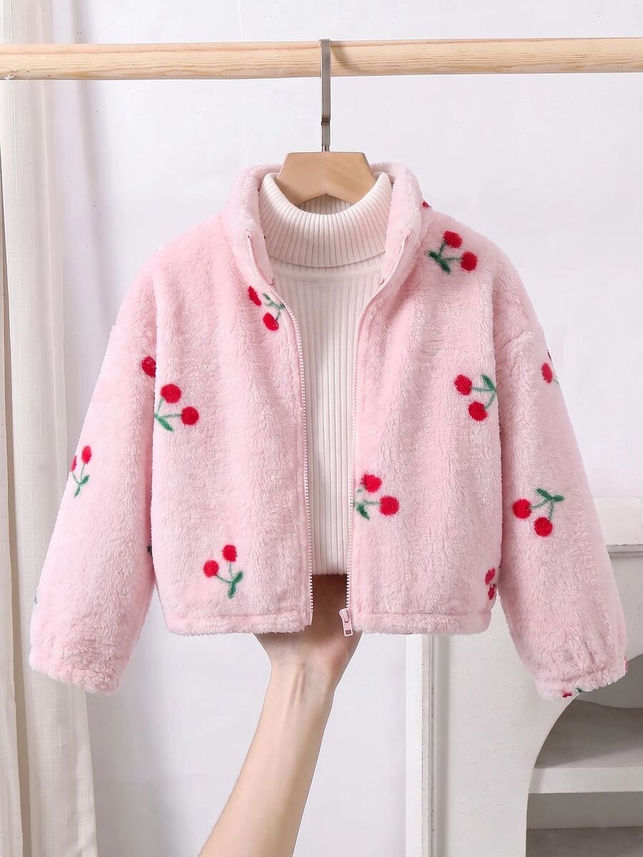 SHEIN 女童櫻桃印花落肩泰迪夾克外套（不含毛衣） - 彩色 - 查看 1