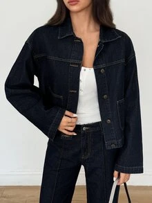 SHEIN Dual Pocket Drop Shoulder Denim Jacket - Navy Blue - View 5