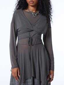 COUREZ Twisted Front Mesh Mini Layering Dress / Y2K Clothes Mini Dresses For Women Cute Tops Grey Top Streatwear Flowy Tops Fall Clothes Winter Outfuts - Dark Grey - View 6