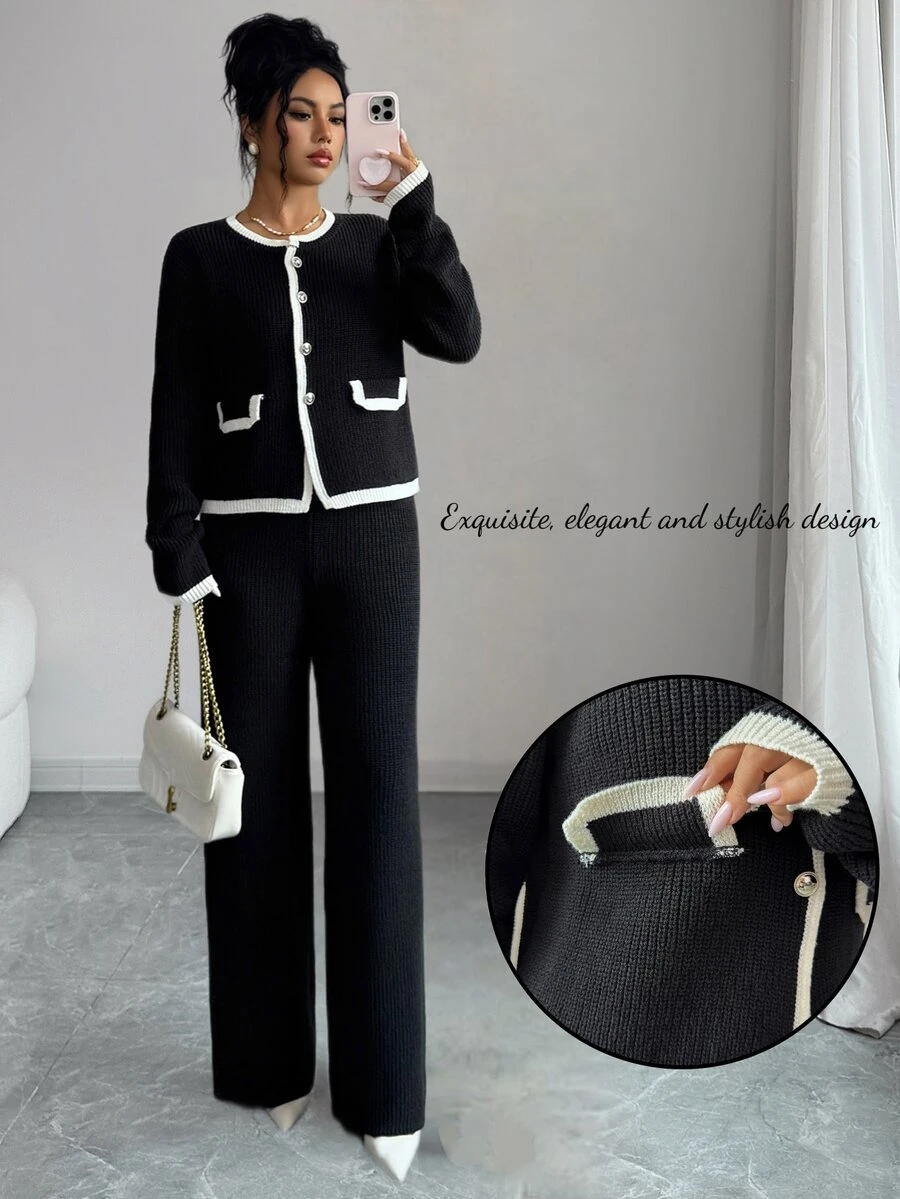 Elenzga Contrast Trim Button Front Cardigan & Knit Pants - Multicolor - View 1