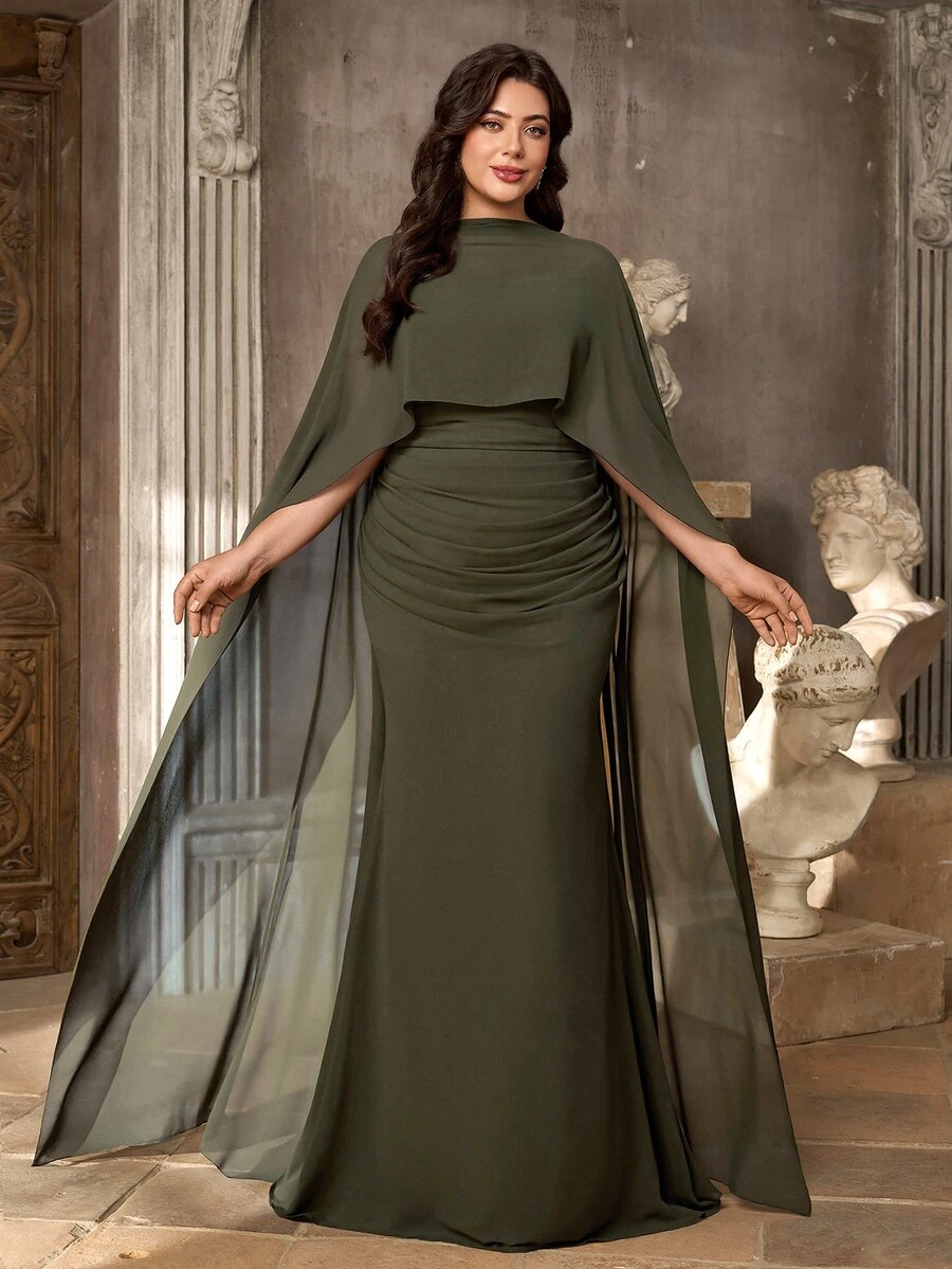 Aureia Plus Mock Neck Cloak Sleeve Ruched Waist Mermaid Hem Formal Dress - Army Green - View 1
