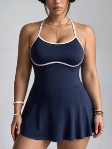 SHEIN Velisys Gaun Olahraga Wanita Ukuran Besar untuk Pickleball Warna Biru Navy Gaya Kawaii - Biru - View 5