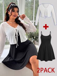 Solflare Plus Solid Cami Dress Tie Front Mesh Top Brunch Baggy Smart Birthday Date Night Office Formal Casual Soft Form Modest Vacation White Black Autumn - Black and White - View 6