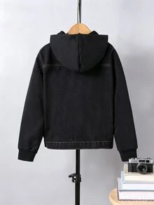 SHEIN Tween Boy 1pc Top-Stitching Flap Pocket Hooded Denim Jacket - Black - View 2