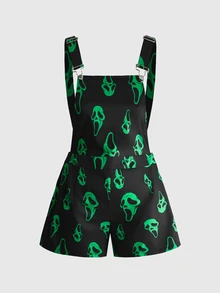 ROMWE Fairycore Plus Ghost Face Print Overall Without Top - Green - View 1