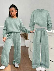 SHEIN 青少年女孩連帽衫與運動衫套裝 - 綠色 - 查看 1